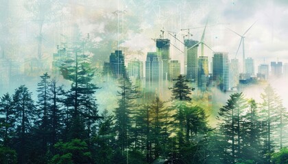 Harmony of Nature and Technology: Double Exposure of Thriving Forest Blending with Sustainable City Powered by Wind and Solar Energy