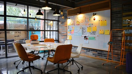 Vibrant Creative Atmosphere in Ad Agency's Brainstorming Room with Interactive Whiteboards and Inspiration Boards