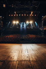 A dark hall with stage lights on stage 