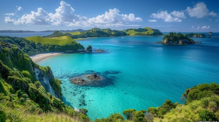 Scenic Bay of Islands in New Zealand with clear blue waters, lush greenery, and stunning coastal views