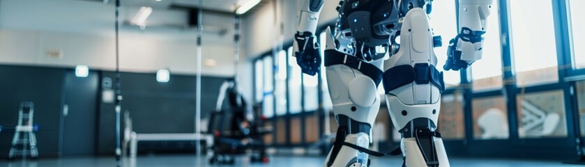 Robotic exoskeleton in rehabilitation center illustrates its use in physical therapy and mobility enhancement. Impact of assistive technology on patient recovery and future of medical rehabilitation.