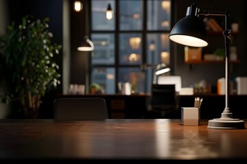 close-up image, Modern stylish dark workspace tabletop with table lamp, decor and copy space for display your product mockup over blurred modern dark office background. generative ai.