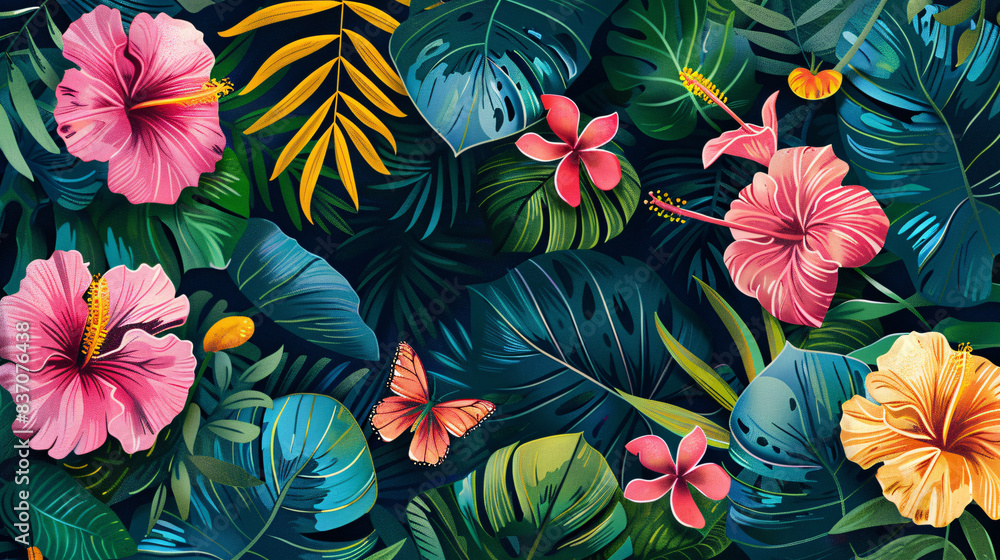 Wall mural Beautiful digital motif with tropical elements and boho style