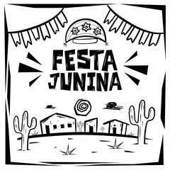 Festa Junina, letreiro com chapéu, casas e cactos, ilustração em estilo cordel e xilogravura