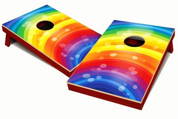 vector illustration style,Sweet cornhole game with rainbow patterns, joyful expression, vivid colors captured in high detail, isolated on white background