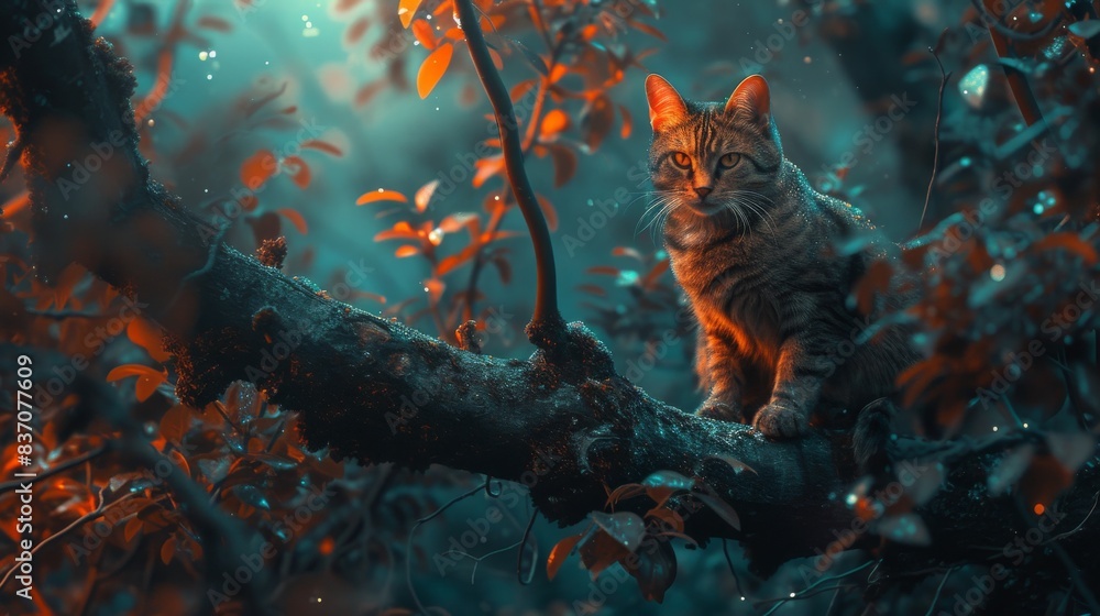 Poster visualization of a cat sitting on a tree branch on a blue background ::3 cyberpunk ::3 --ar 16:9 --q