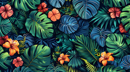 Beautiful digital motif with tropical elements and boho style