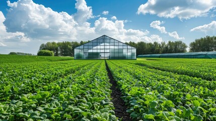 A modern greenhouse situated in the center of a vast field, featuring thriving green plants both within its confines and in the surrounding area, exemplifying the concept of sustainable agriculture.
