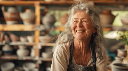 Senior woman smiling in pottery studio with shelf of finished products.