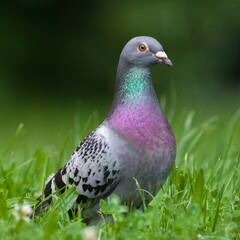 Columba livia aka pigeon (rock or domestic) in the grass. Close-up portrait. 