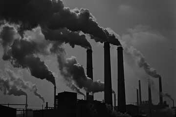 Close-Up Image of Towering Factory Smokestacks Belching Thick Black Smoke: Symbolizing the Environmental Toll of Industrial Production