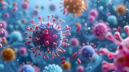 3D render of colorful corona virus and T cell cells on a blue background Panded viral particles surrounded in the style of T Oakley