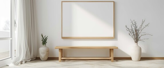 An Empty Picture Frame on the Wall in a Modern and Minimalist Home Interior with Wooden Furniture, Potted Plants, Large Windows Filling with Natural Light, and a Bamboo Bench Adding Texture to the Whi
