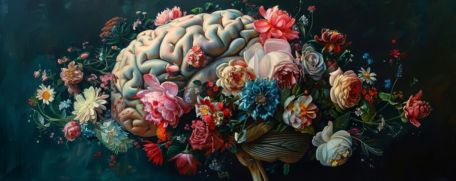 A human brain made of flowers, painting in the style of poster, oil on canvas, dark background, highly detailed, hyper realistic