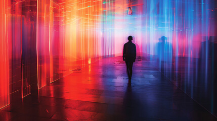 Silhouette of a person walking through an immersive digital art display