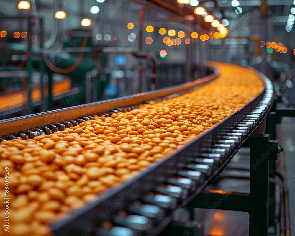 Poster production line conveyor belt transporting fresh oranges in a modern factory with automated machiner