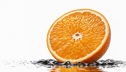 Orange in splashes of water. Half an orange lies in water on a white background