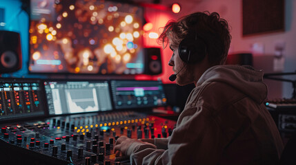 Obraz premium Side view of a sound technician working in a studio