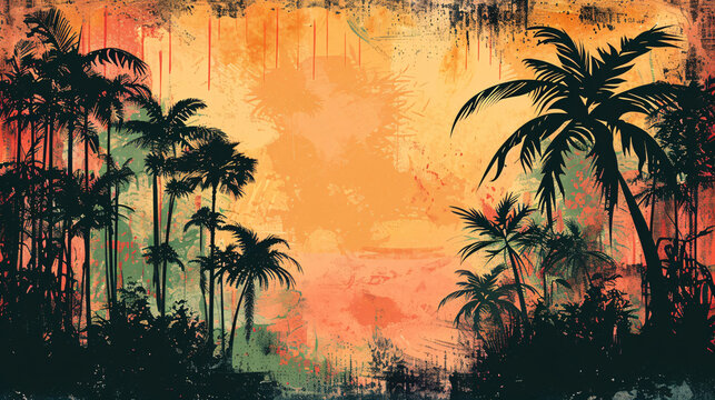 Beautiful tribal design with hand-drawn tropical trees and grunge texture