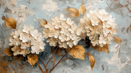 Oil painting of white hydrangea flowers, gray background.