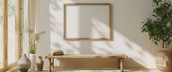 An Empty Picture Frame on the Wall in a Modern and Minimalist Home Interior with Wooden Furniture, Potted Plants, Large Windows Filling with Natural Light, and a Bamboo Bench Adding Texture to the Whi