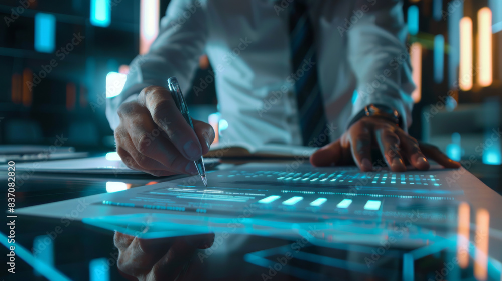 Poster a man is writing on a computer screen with a pen