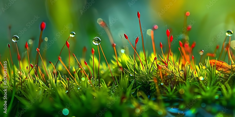 Poster macro shot of moss with dew drops. nature background.