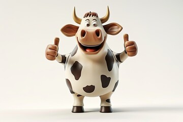 3D bell Cow mascot, smiling, showing thumb's up, with two legs, isolated on white