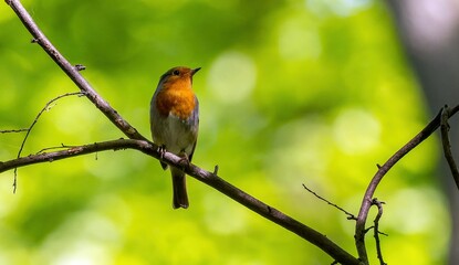 Robin on a Tree branch, green background