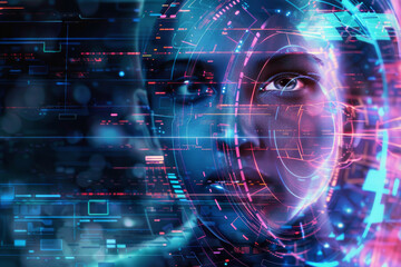 Obraz premium horizontal illustration of a futuristic cybernetic context, with a human eye scanner for facial recognition