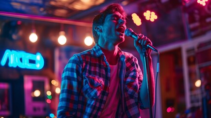 Obraz premium Karaoke night concept image with a young man singing at karaoke in a bar next to a sign