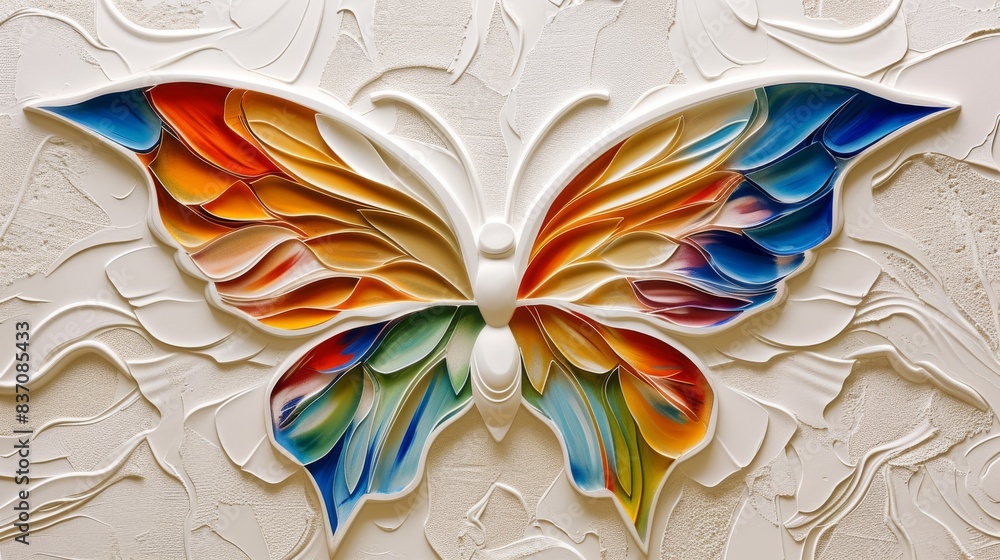 Poster decorative texture of a white plaster wall with voluminous decorative patterns in the form of a mult