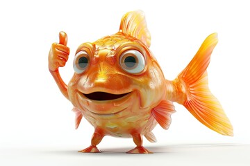 3D bell Fish mascot, smiling, showing thumb's up, with two legs, isolated on white