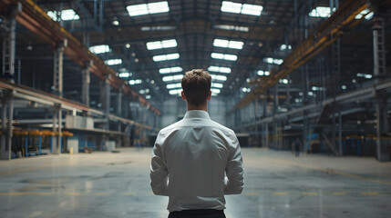 Engineer and empty factory hall or warehouse, representing the relocation of a production base, moving production bases to foreign countries, supply chain management