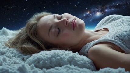 The close up picture of the caucasian female human that laying down for sleeping on the sea of the galaxy space that act like pillow that look fluffy and soft at the bright sky of a universe