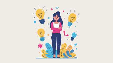 Creative illustration of a woman surrounded by light bulbs representing ideas, standing confidently with plants and symbols around her.