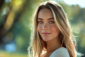 Naklejka premium Portrait of Smiling Young Woman Outdoors in Natural Light