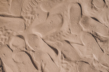 Background, texture of footprints, shoe prints in the sand. Photography, top view, vacation concept.