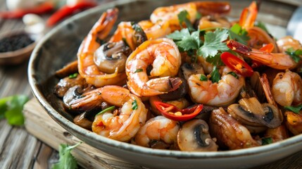 Appetizing tom yum kung with shrimp, lime leaves, and herbs, beautifully presented in a bowl, capturing the flavors of Thai cuisine