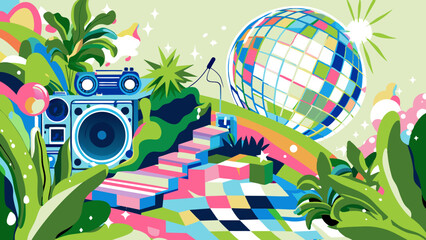 Vibrant Party Scene with Disco Ball, Boombox, and Tropical Vibes