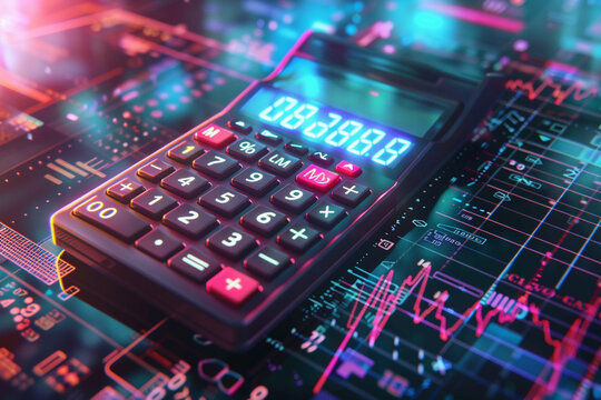 Calculator Essential for mathematics and calculations, Education concept, futuristic background