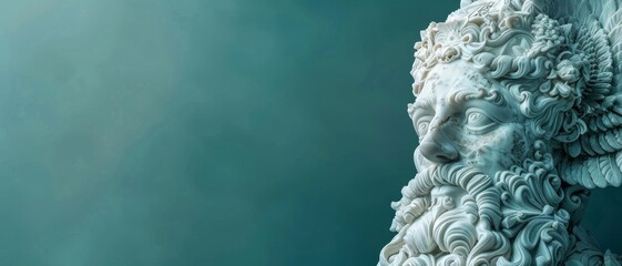 Fototapeta premium A detailed, ancient marble statue of a bearded man with intricate hair design against a gradient blue background.