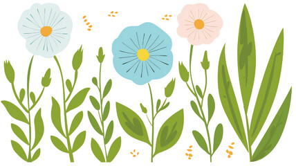 A whimsical watercolor clip art of a morning glory, with blue petals and a green stem on transparent background