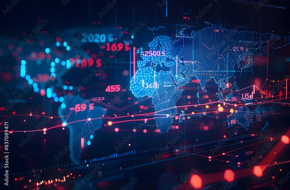 Poster futuristic digital data visualization of global finance and technology trends on a dark background w