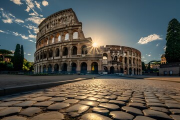 The Iconic Colosseum A Majestic Remnant of Ancient Roman Splendor Casting Dramatic Shadows Under the Vibrant Sunset Sky