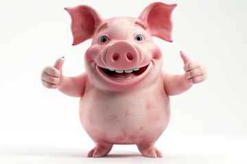 3D bell Pig mascot, smiling, showing thumb's up, with two legs, isolated on white