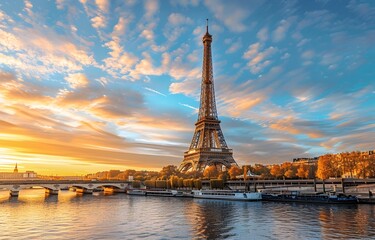 Fototapeta premium Eiffel Tower at Sunset over the Seine River in Paris France with Dramatic Cloudy Sky and Autumn Colors