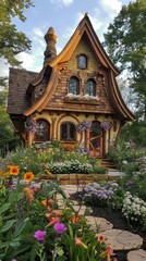 Whimsical, storybook house with a steeply pitched roof and colorful flower gardens generated by AI