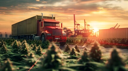 Cargo Delivery Truck at Sunset in Industrial Logistics Hub