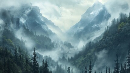 Majestic mountain landscape shrouded in ethereal mist, with towering peaks emerging through the fog and a serene valley below breathtaking natural beauty